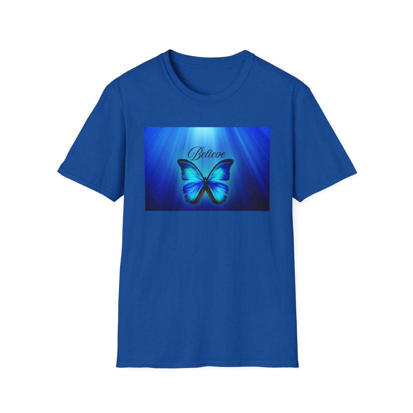Believe Butterfly Softstyle T-Shirt, Inspirational Tee, Gift for Nature Lovers, Motivational Apparel, Summer Outfit, Colorful Shirt