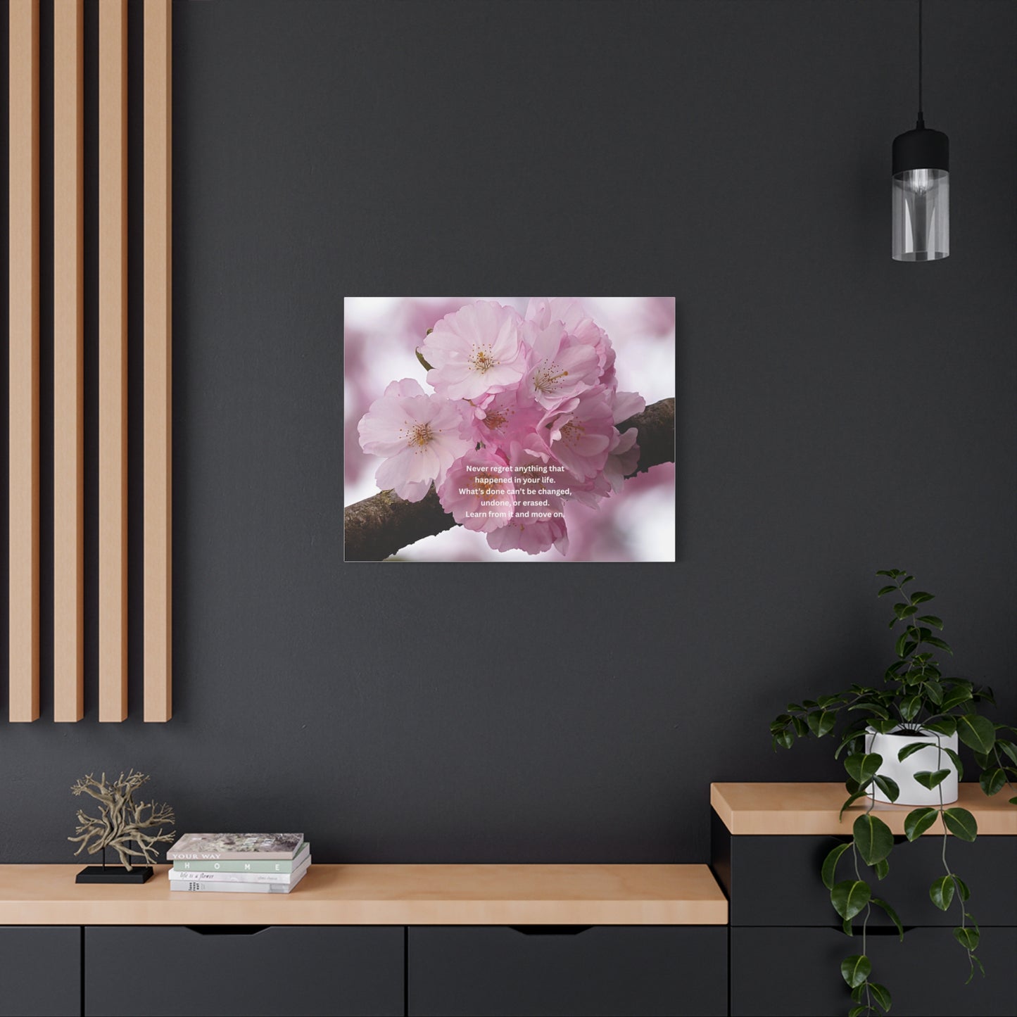 Cherry Blossom Canvas Wall Art with Inspirational Quote — "Never regret anything"