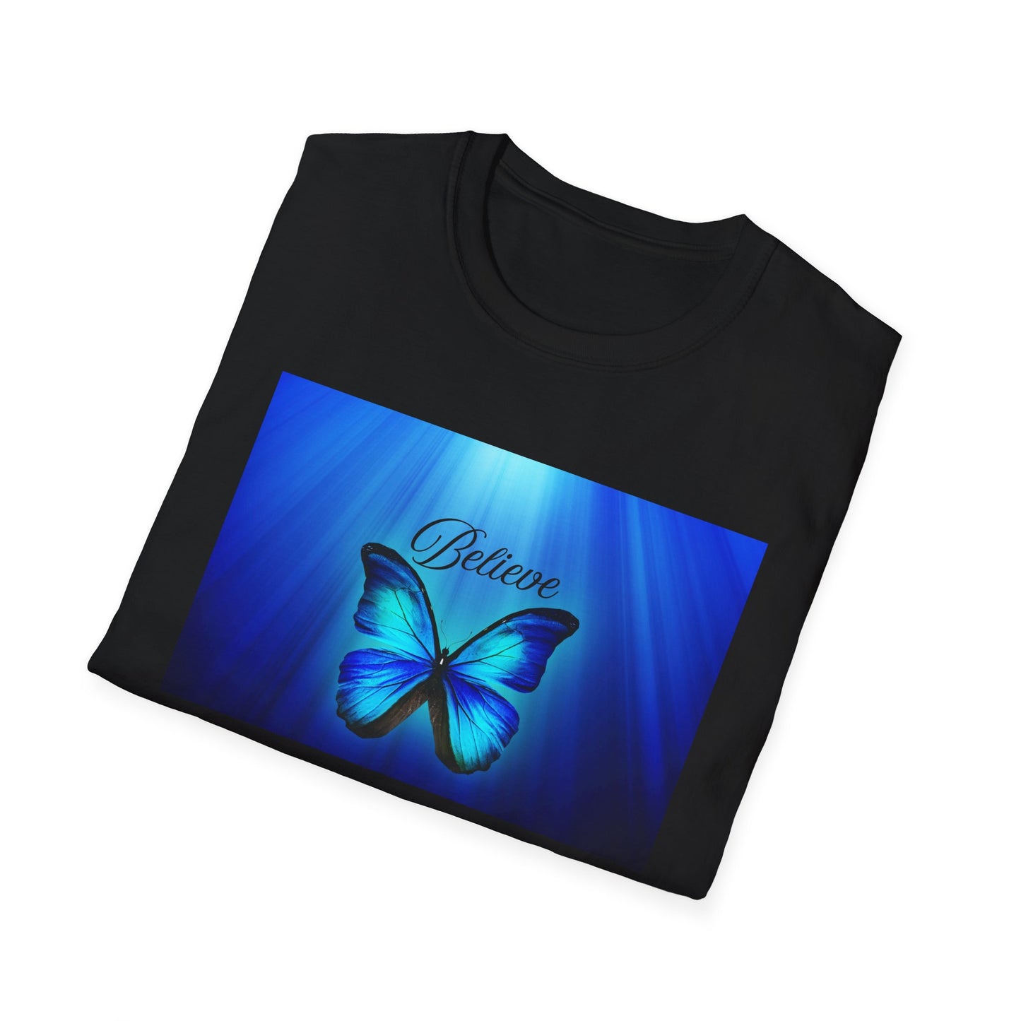 Believe Butterfly Softstyle T-Shirt, Inspirational Tee, Gift for Nature Lovers, Motivational Apparel, Summer Outfit, Colorful Shirt