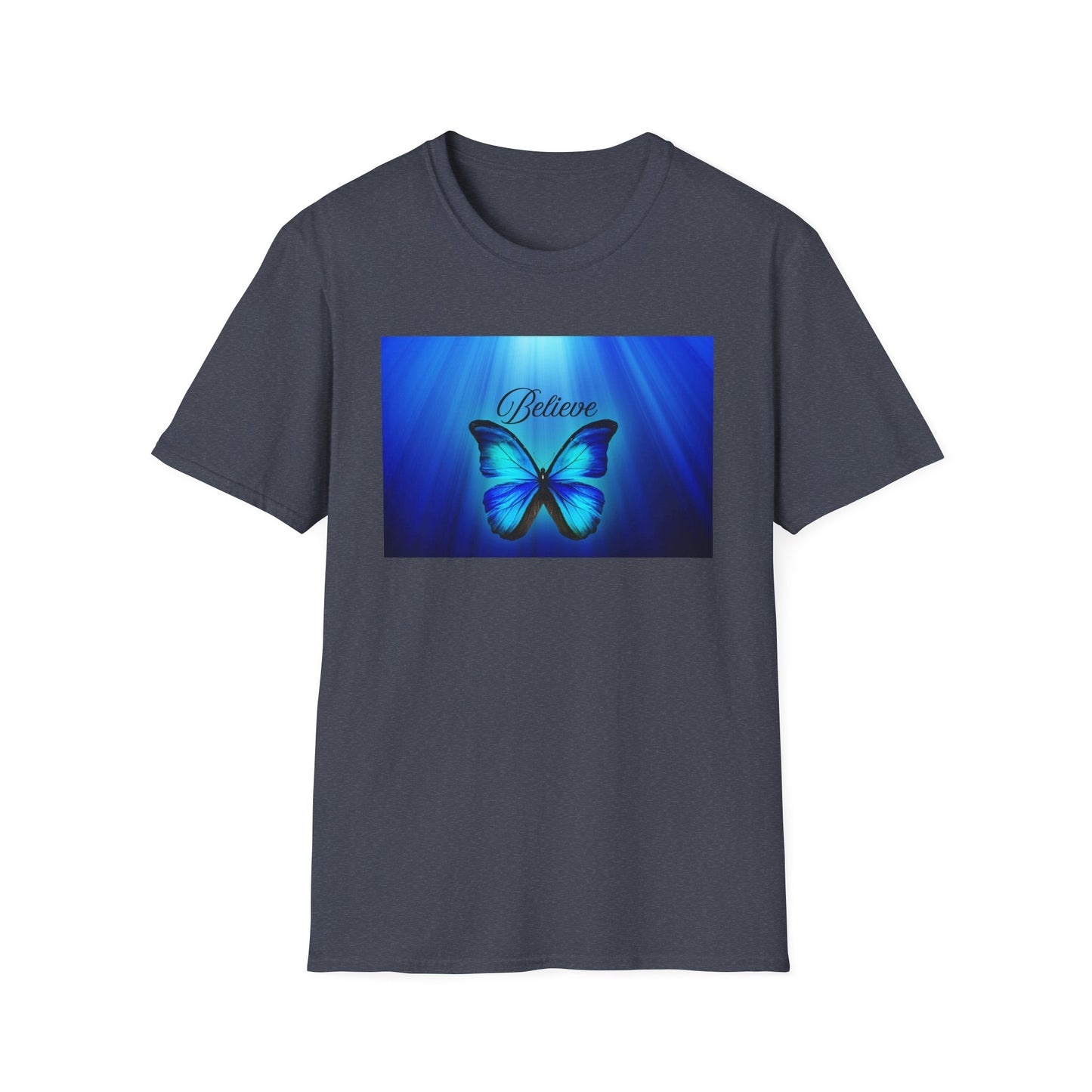 Believe Butterfly Softstyle T-Shirt, Inspirational Tee, Gift for Nature Lovers, Motivational Apparel, Summer Outfit, Colorful Shirt