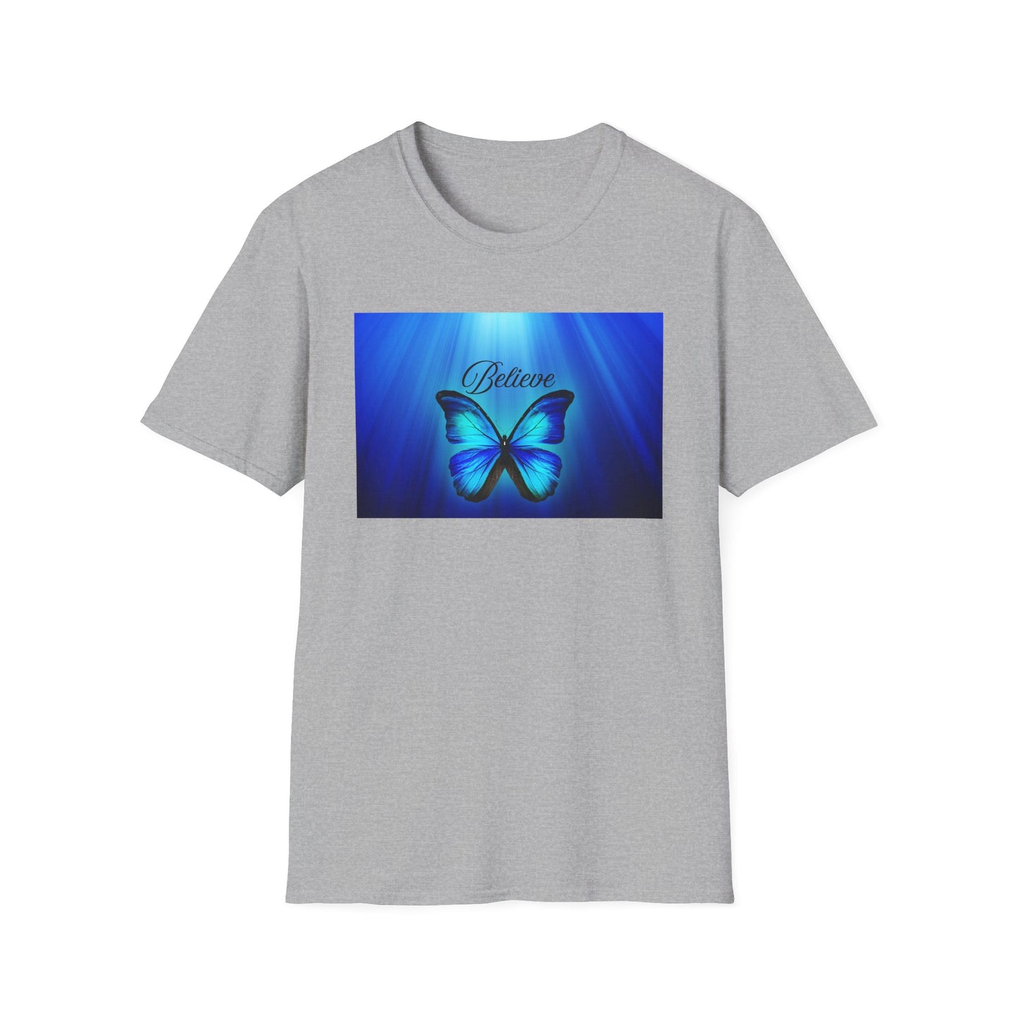 Believe Butterfly Softstyle T-Shirt, Inspirational Tee, Gift for Nature Lovers, Motivational Apparel, Summer Outfit, Colorful Shirt