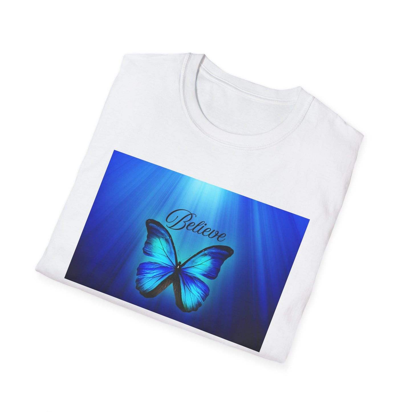 Believe Butterfly Softstyle T-Shirt, Inspirational Tee, Gift for Nature Lovers, Motivational Apparel, Summer Outfit, Colorful Shirt