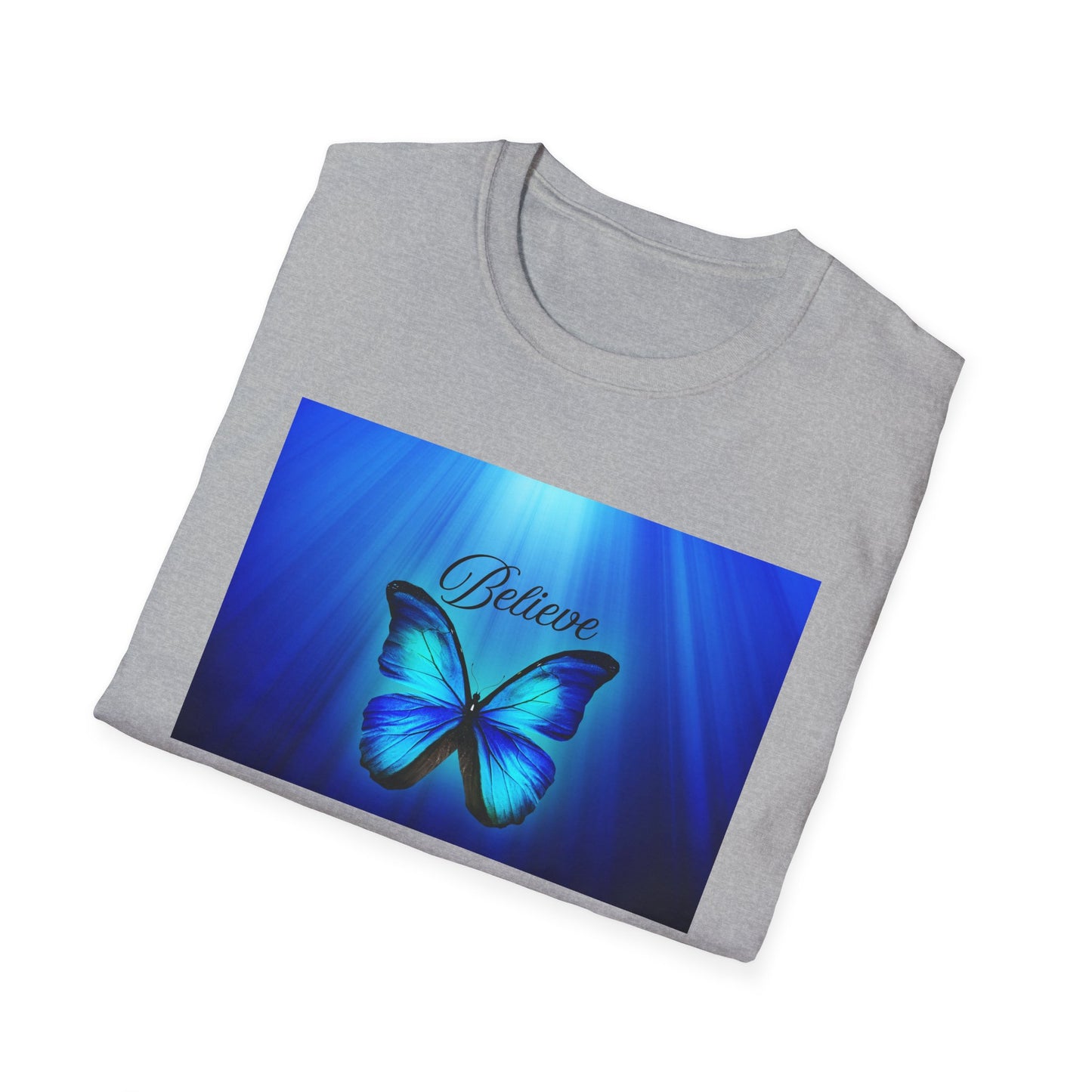 Believe Butterfly Softstyle T-Shirt, Inspirational Tee, Gift for Nature Lovers, Motivational Apparel, Summer Outfit, Colorful Shirt