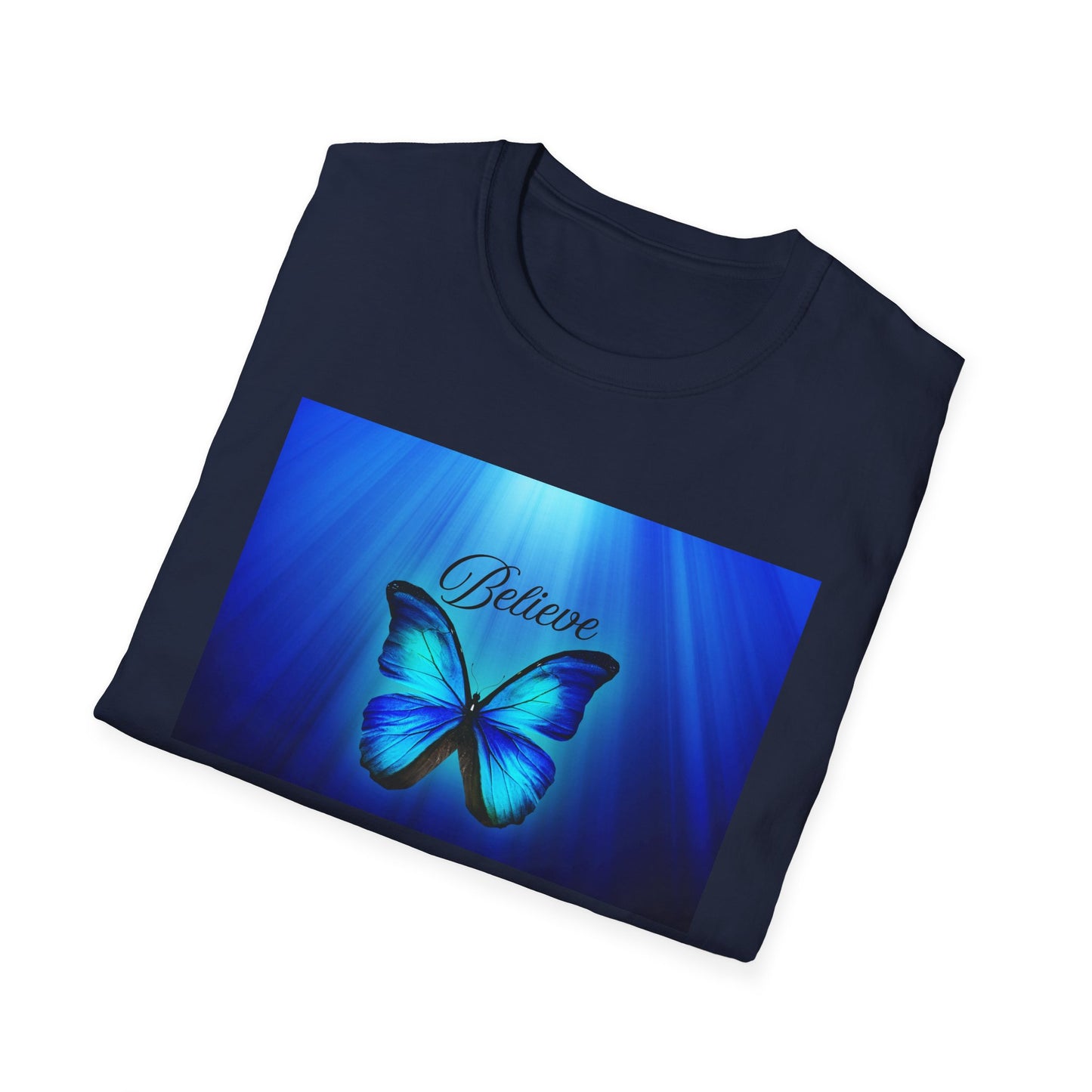Believe Butterfly Softstyle T-Shirt, Inspirational Tee, Gift for Nature Lovers, Motivational Apparel, Summer Outfit, Colorful Shirt