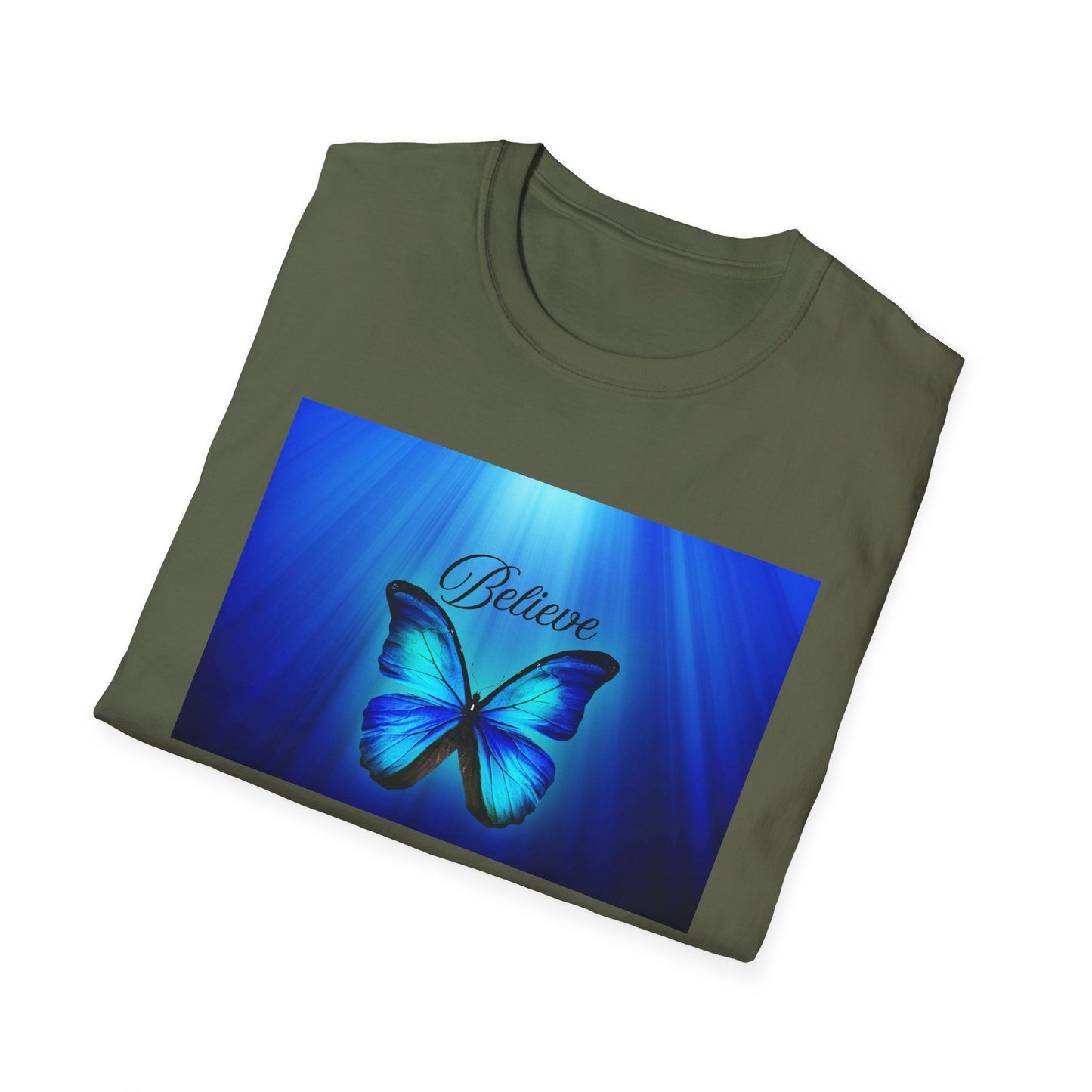 Believe Butterfly Softstyle T-Shirt, Inspirational Tee, Gift for Nature Lovers, Motivational Apparel, Summer Outfit, Colorful Shirt
