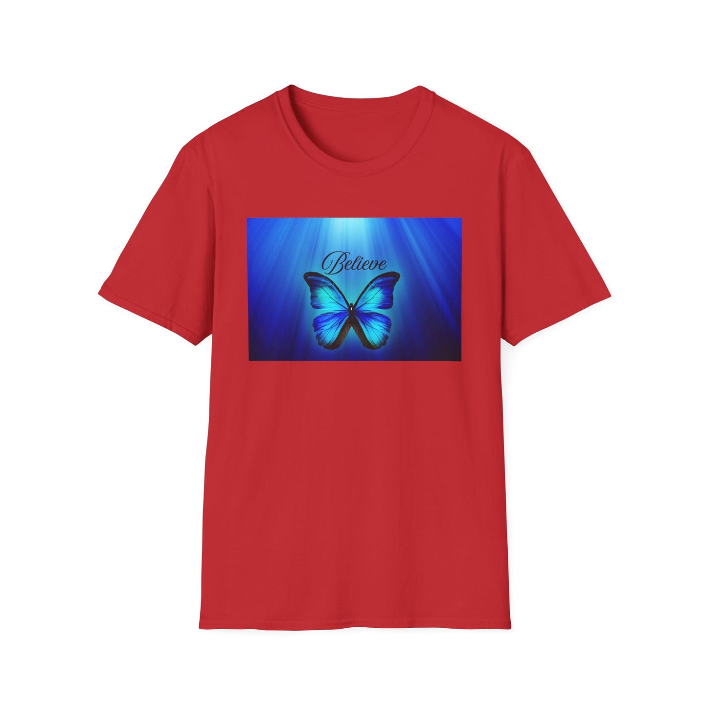 Believe Butterfly Softstyle T-Shirt, Inspirational Tee, Gift for Nature Lovers, Motivational Apparel, Summer Outfit, Colorful Shirt