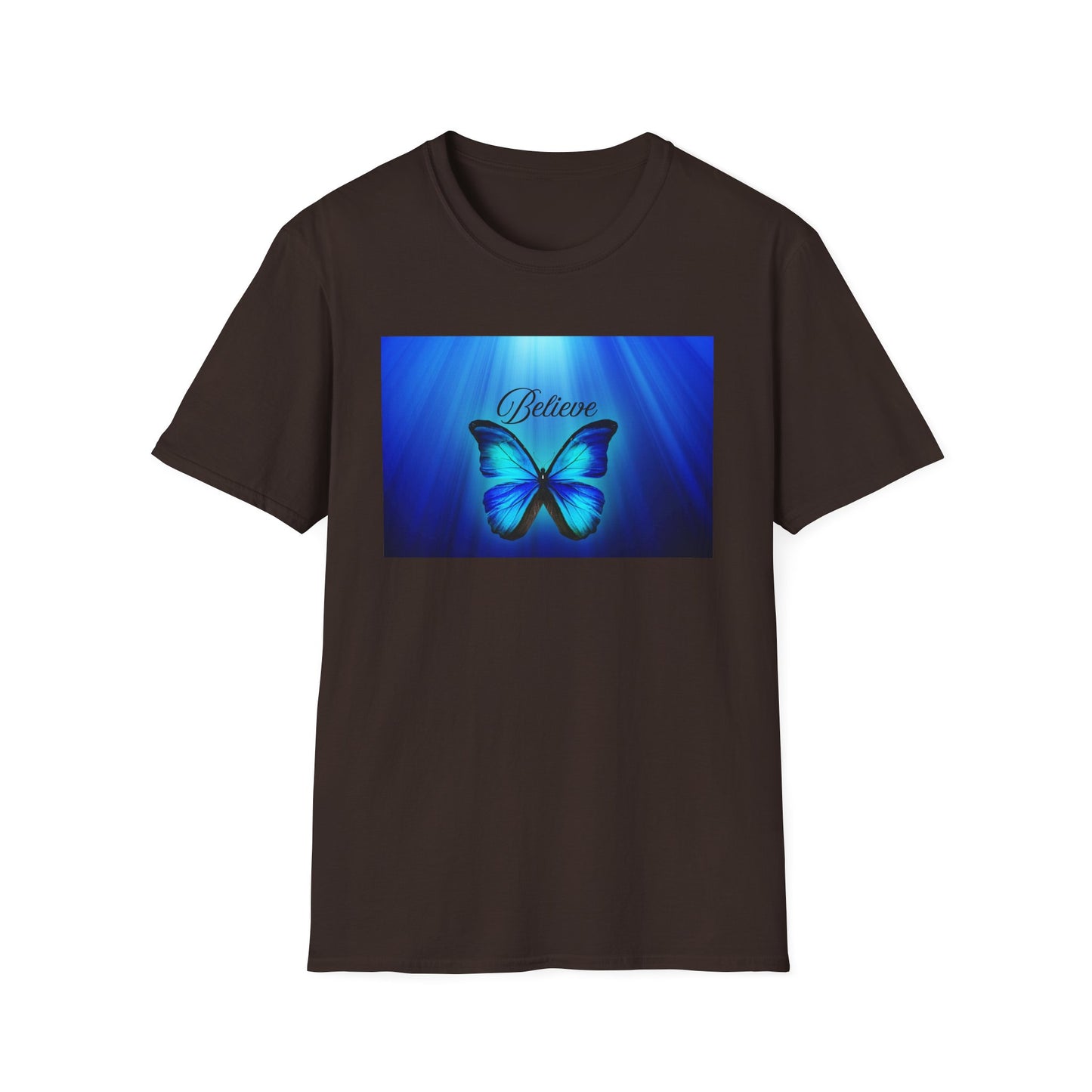 Believe Butterfly Softstyle T-Shirt, Inspirational Tee, Gift for Nature Lovers, Motivational Apparel, Summer Outfit, Colorful Shirt