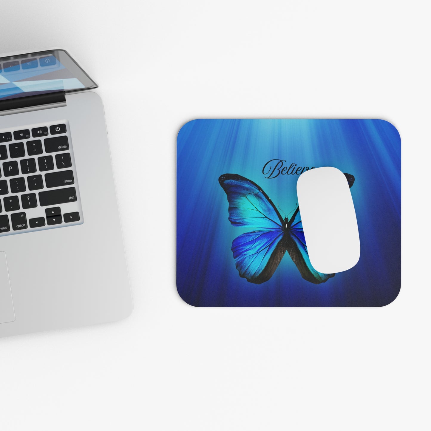 Butterfly Blue Mouse Pad - Inspirational Office Decor, Gift for Students, Believe Motif, Unique Desk Accessory