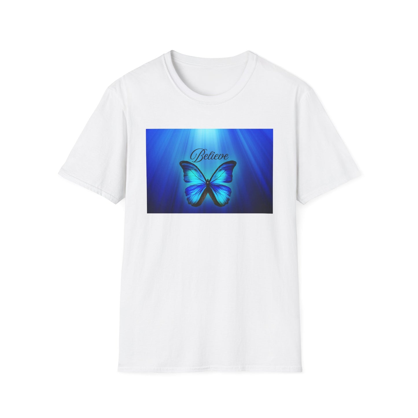 Believe Butterfly Softstyle T-Shirt, Inspirational Tee, Gift for Nature Lovers, Motivational Apparel, Summer Outfit, Colorful Shirt