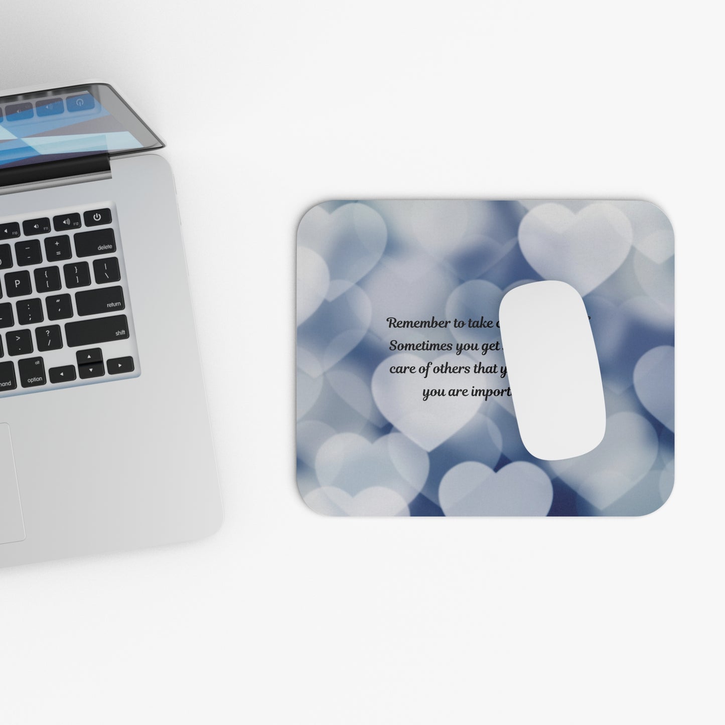Mouse Pad — Self-Care Reminder Mouse Pad with Heart Bokeh: "Remember to take care of yourself"