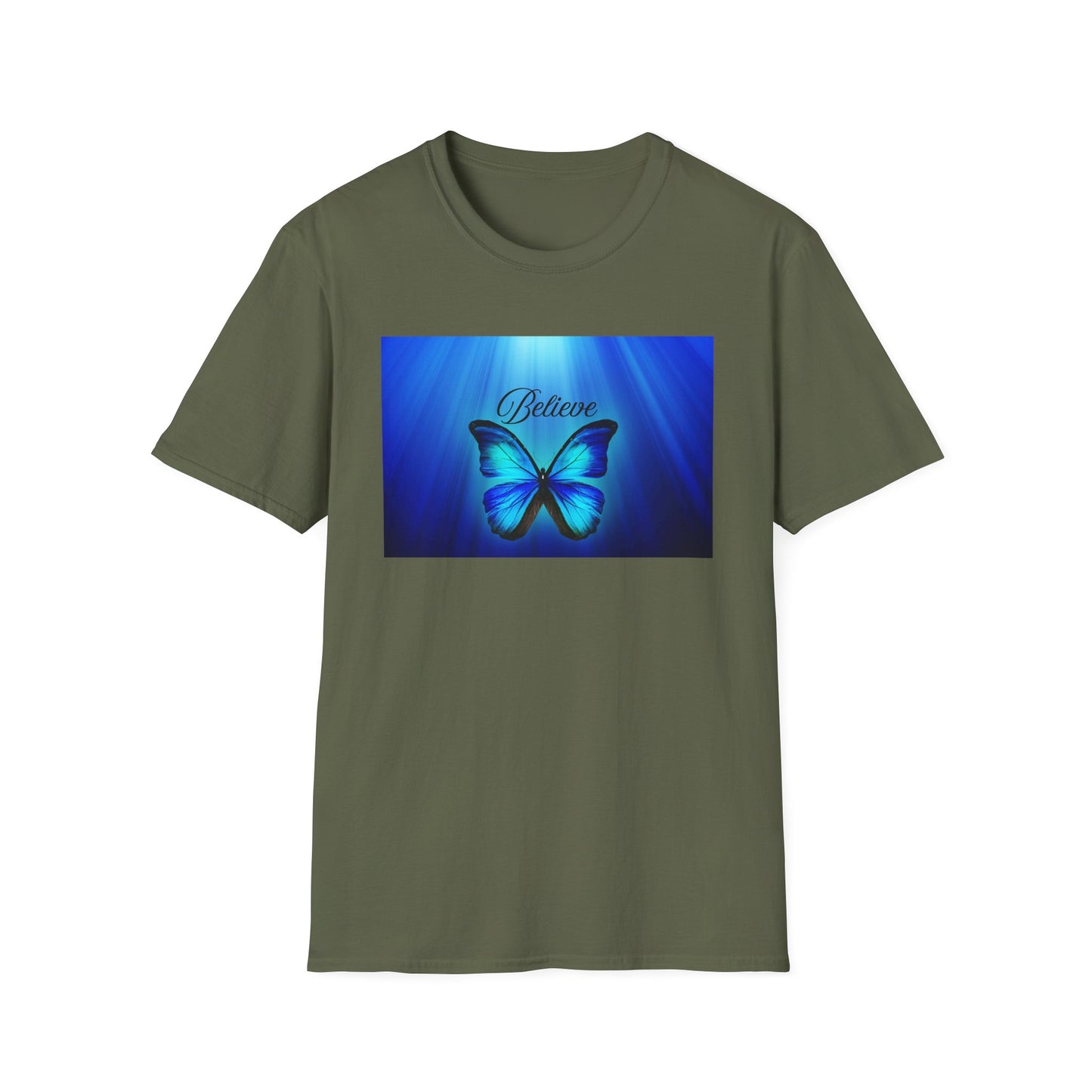 Believe Butterfly Softstyle T-Shirt, Inspirational Tee, Gift for Nature Lovers, Motivational Apparel, Summer Outfit, Colorful Shirt