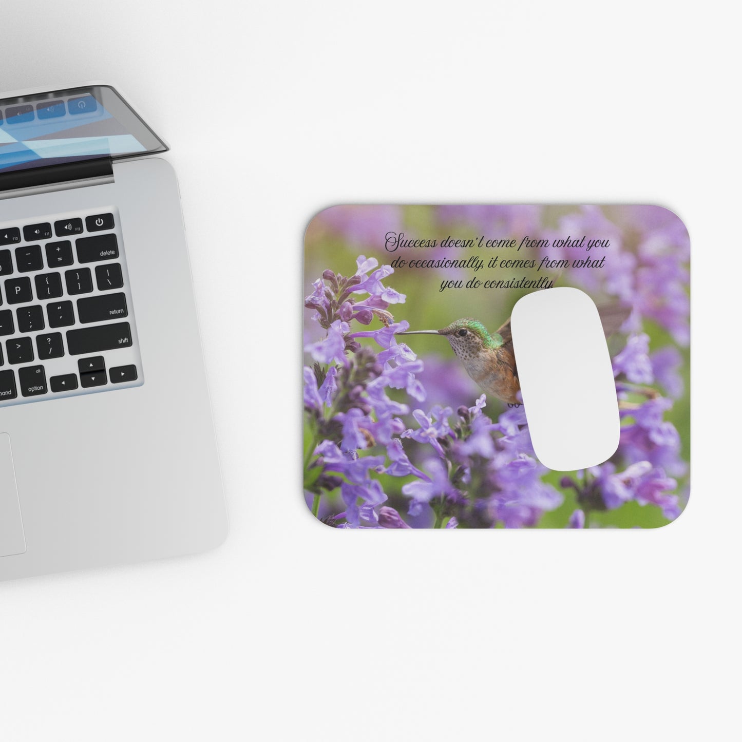 Hummingbird & Lavender Mouse Pad — "Success doesn't come from what you do occasionally..." Inspirational Desk Mat
