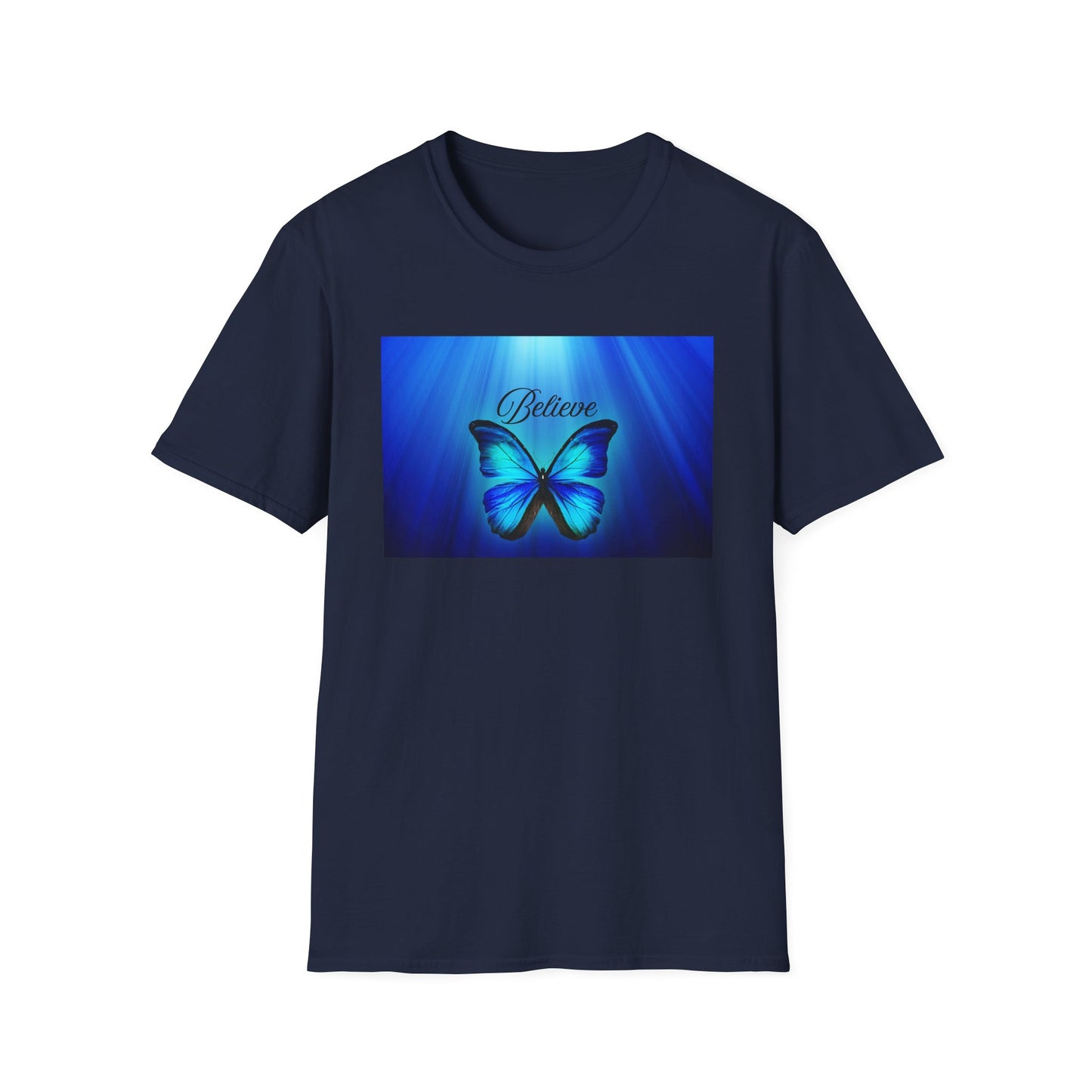Believe Butterfly Softstyle T-Shirt, Inspirational Tee, Gift for Nature Lovers, Motivational Apparel, Summer Outfit, Colorful Shirt