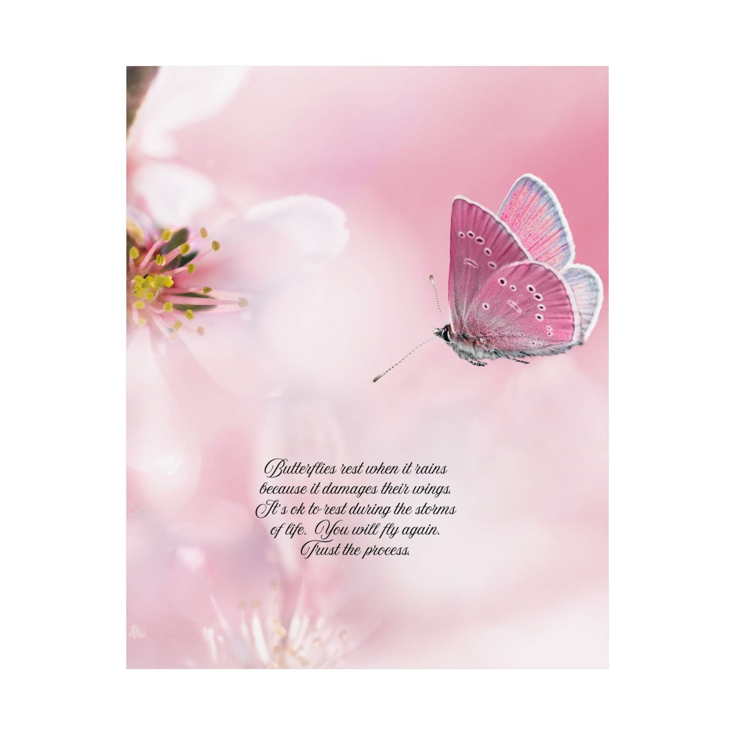 Butterfly Inspirational Vertical Poster, Pink Floral Art Decor, Nature Wall Art, Gift for Her, Motivational Quotes, Home Decoration