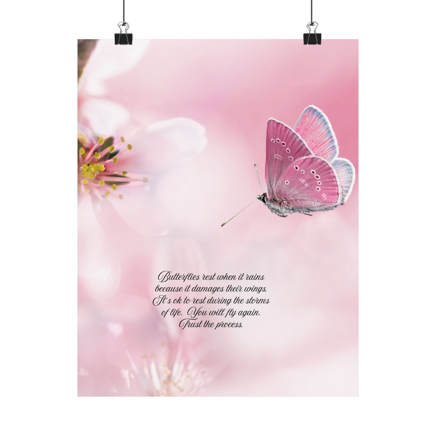 Butterfly Inspirational Vertical Poster, Pink Floral Art Decor, Nature Wall Art, Gift for Her, Motivational Quotes, Home Decoration