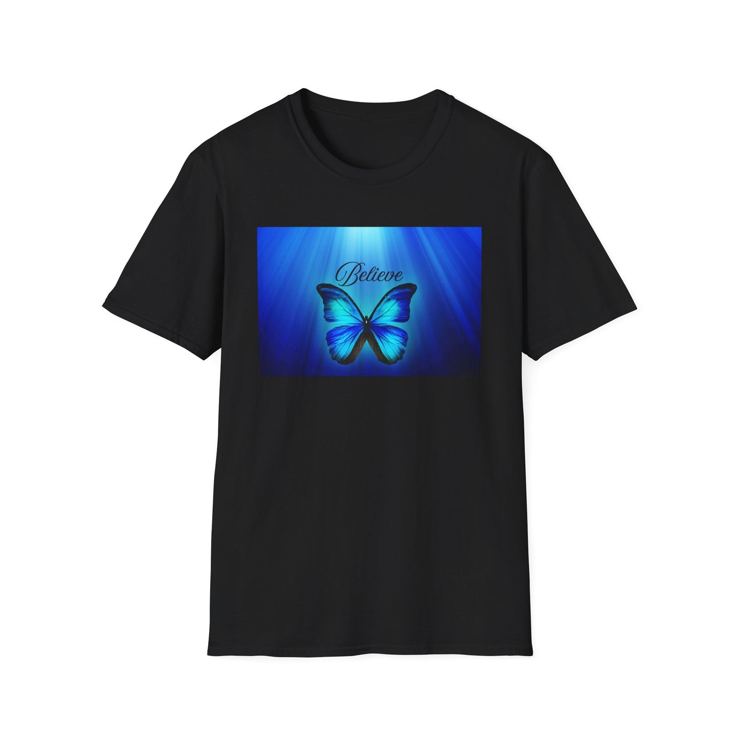 Believe Butterfly Softstyle T-Shirt, Inspirational Tee, Gift for Nature Lovers, Motivational Apparel, Summer Outfit, Colorful Shirt