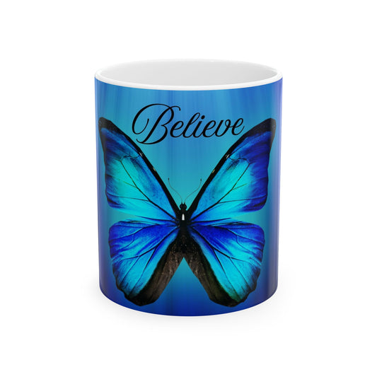 Elegant Butterfly Art Mug - "Believe" Coffee Cup, Inspirational Gift, Butterfly Lover's Mug, Home Decor, Unique Drinkware