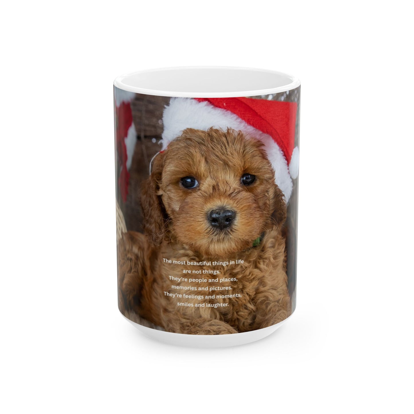 Christmas Puppy Ceramic Mug – Cute Puppy in Santa Hat Holiday Coffee Cup (11oz & 15oz)