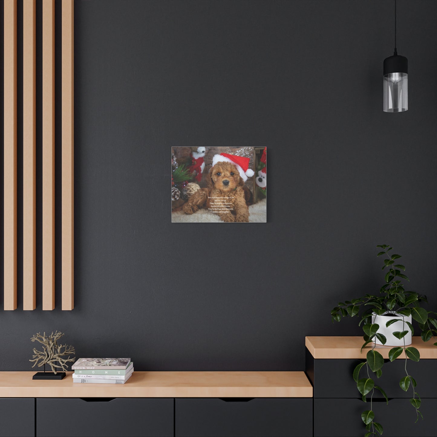 Christmas Puppy Canvas Wall Art — Holiday Dog Photo with Santa Hat & Inspirational Quote