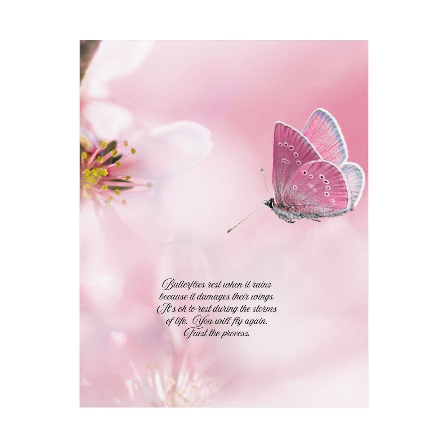 Butterfly Inspirational Vertical Poster, Pink Floral Art Decor, Nature Wall Art, Gift for Her, Motivational Quotes, Home Decoration
