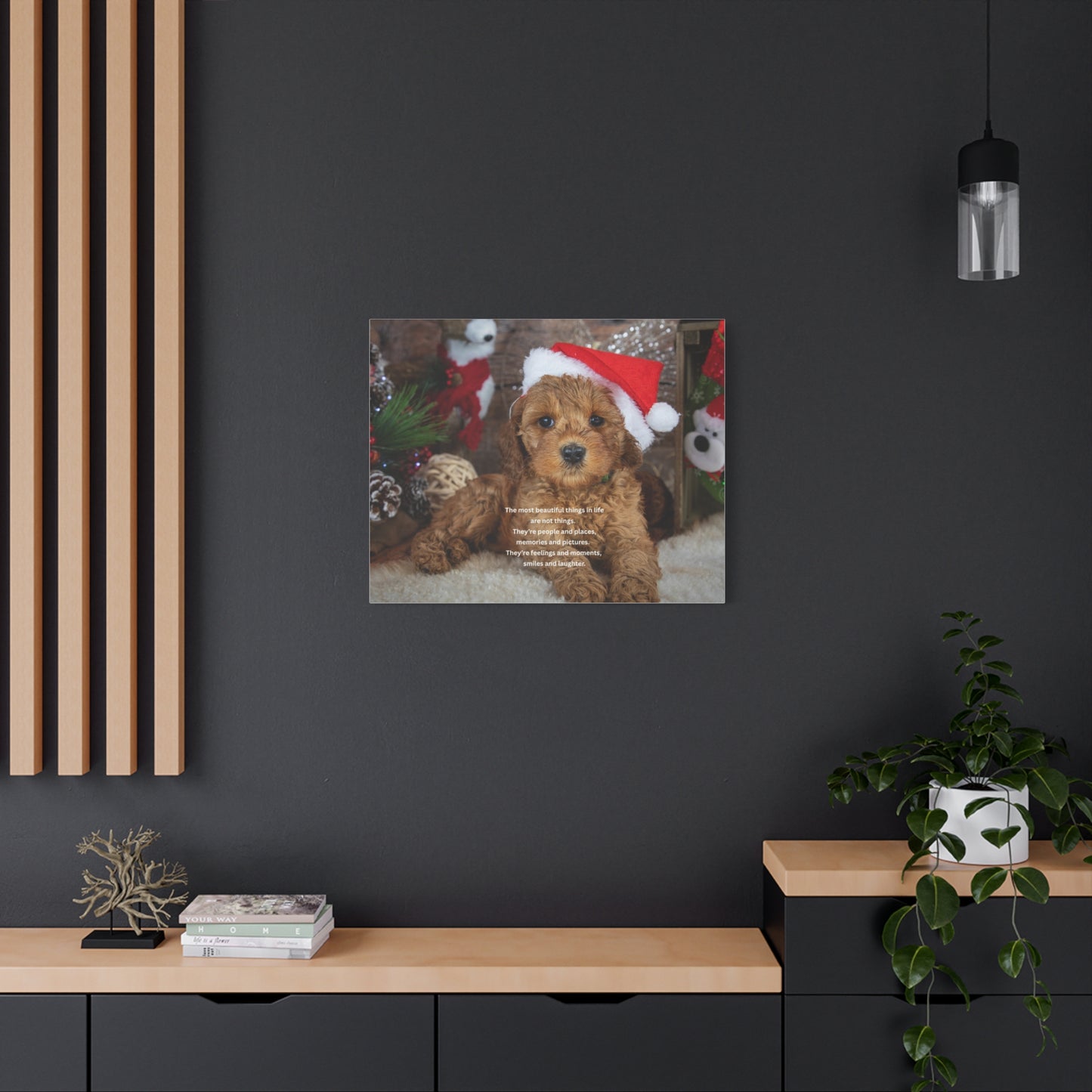 Christmas Puppy Canvas Wall Art — Holiday Dog Photo with Santa Hat & Inspirational Quote