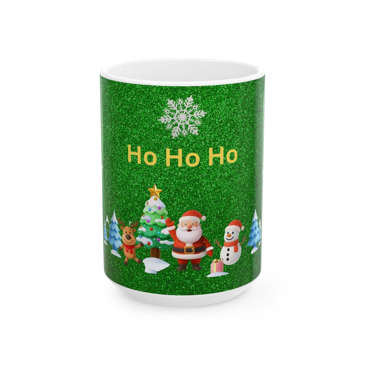 Holiday Ceramic Mug - 'Ho Ho Ho' Christmas Santa, Snowman & Tree Design (11oz/15oz)