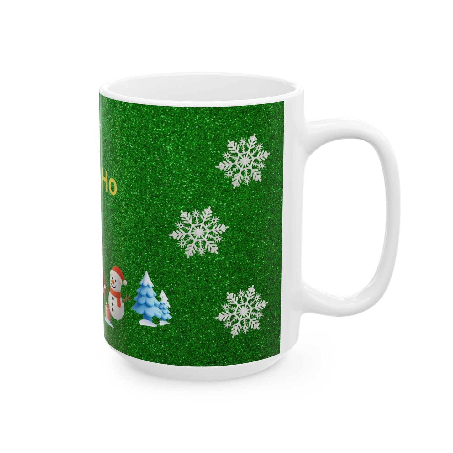 Holiday Ceramic Mug - 'Ho Ho Ho' Christmas Santa, Snowman & Tree Design (11oz/15oz)