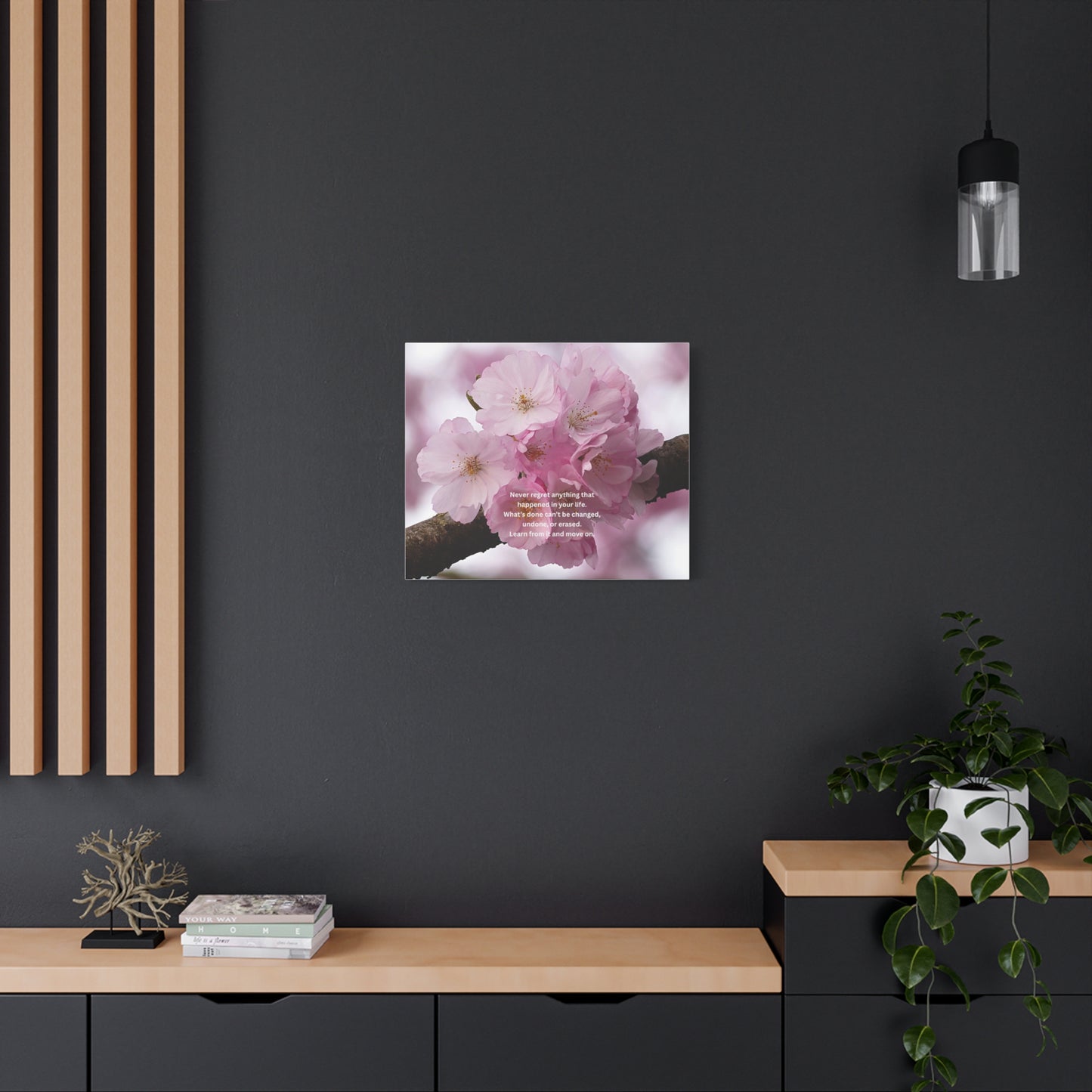 Cherry Blossom Canvas Wall Art with Inspirational Quote — "Never regret anything"