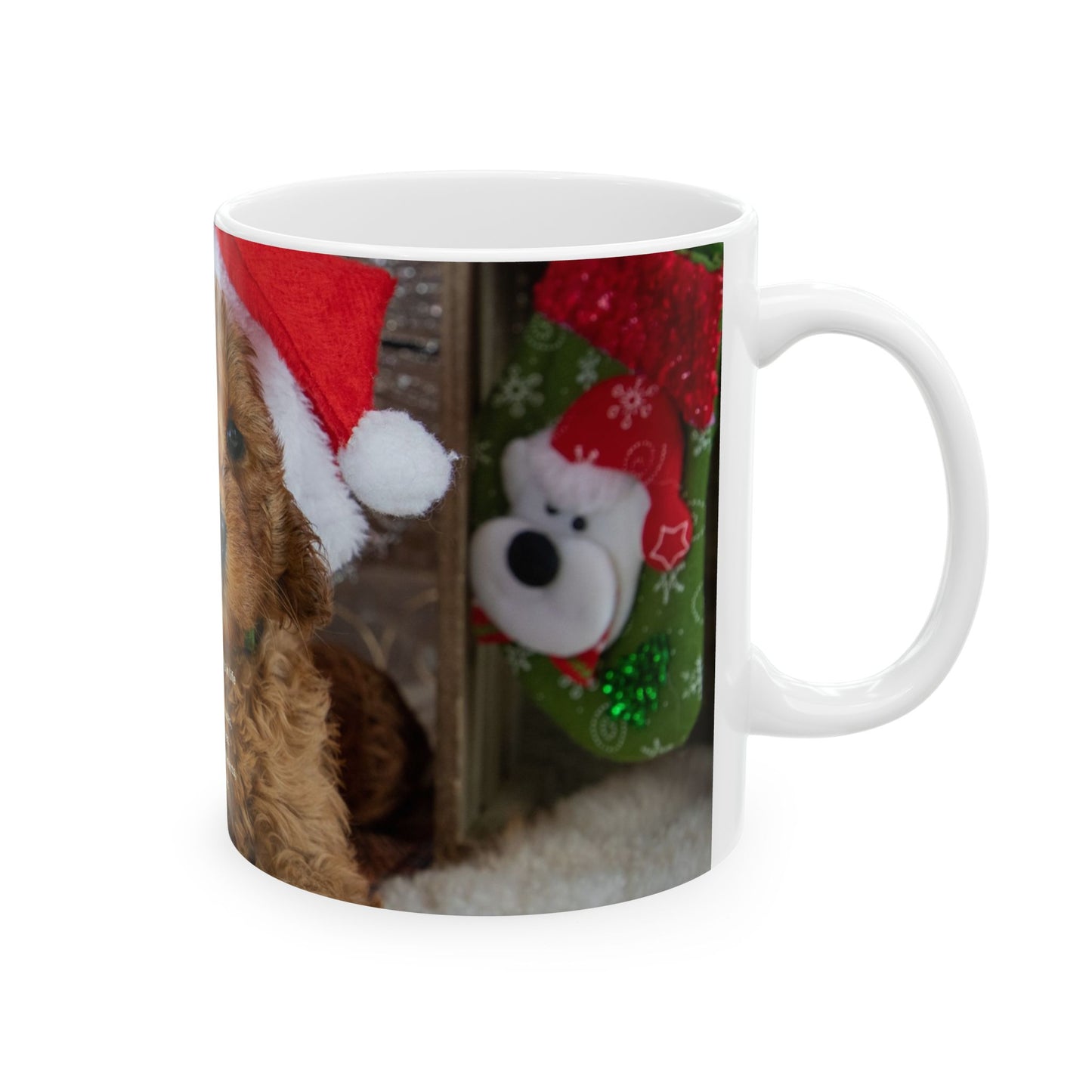 Christmas Puppy Ceramic Mug – Cute Puppy in Santa Hat Holiday Coffee Cup (11oz & 15oz)