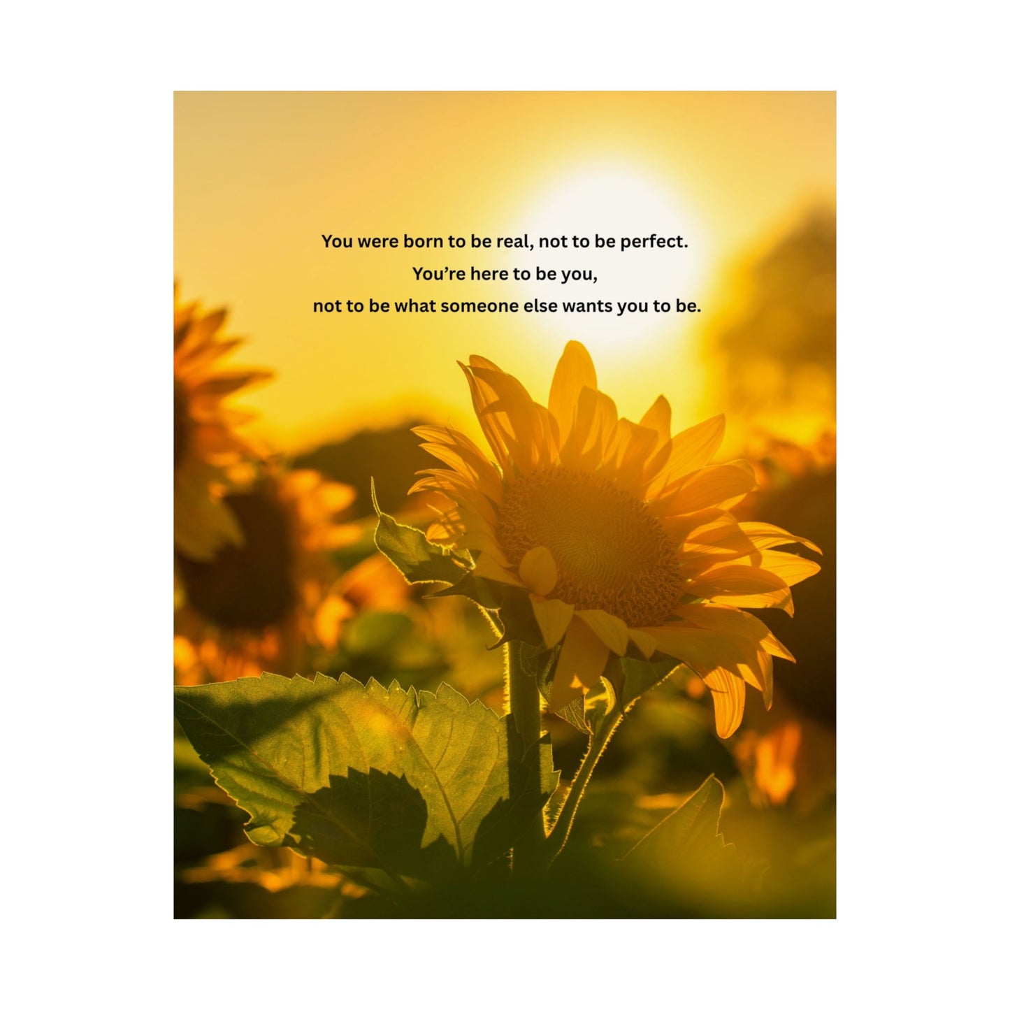Sunflower Inspirational Poster — “You were born to be real, not to be perfect” Matte Wall Art