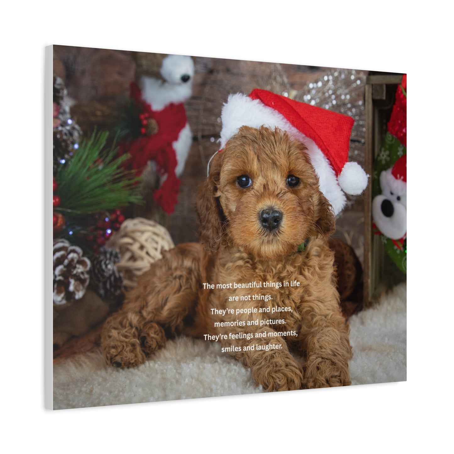 Christmas Puppy Canvas Wall Art — Holiday Dog Photo with Santa Hat & Inspirational Quote
