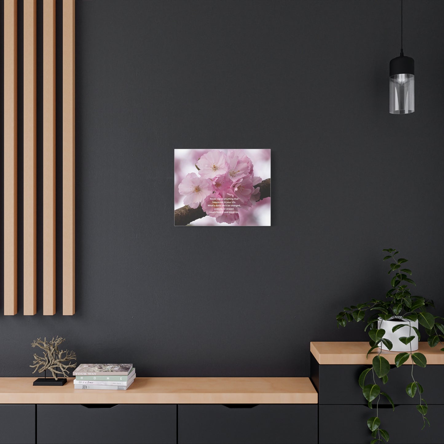 Cherry Blossom Canvas Wall Art with Inspirational Quote — "Never regret anything"