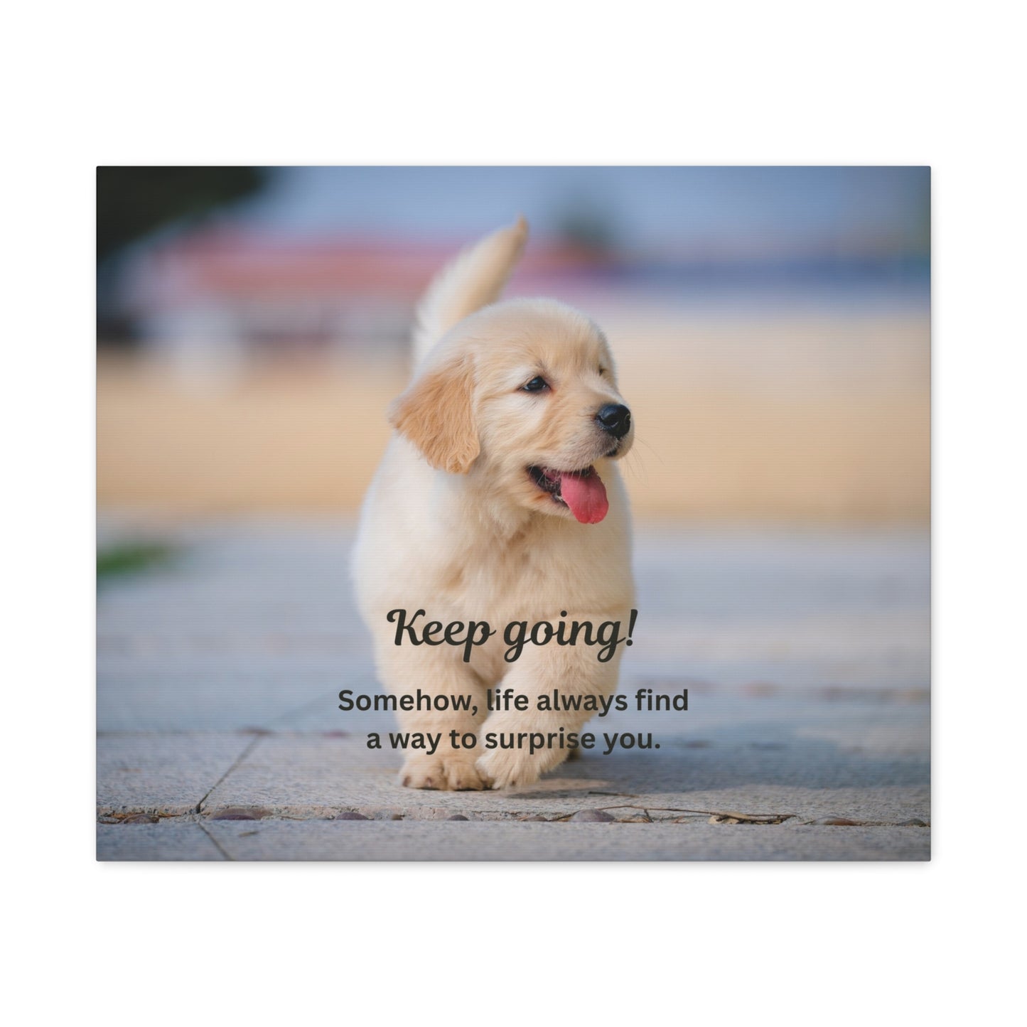 Motivational Puppy Canvas Print — "Keep going! Somehow, life always finds a way to surprise you."