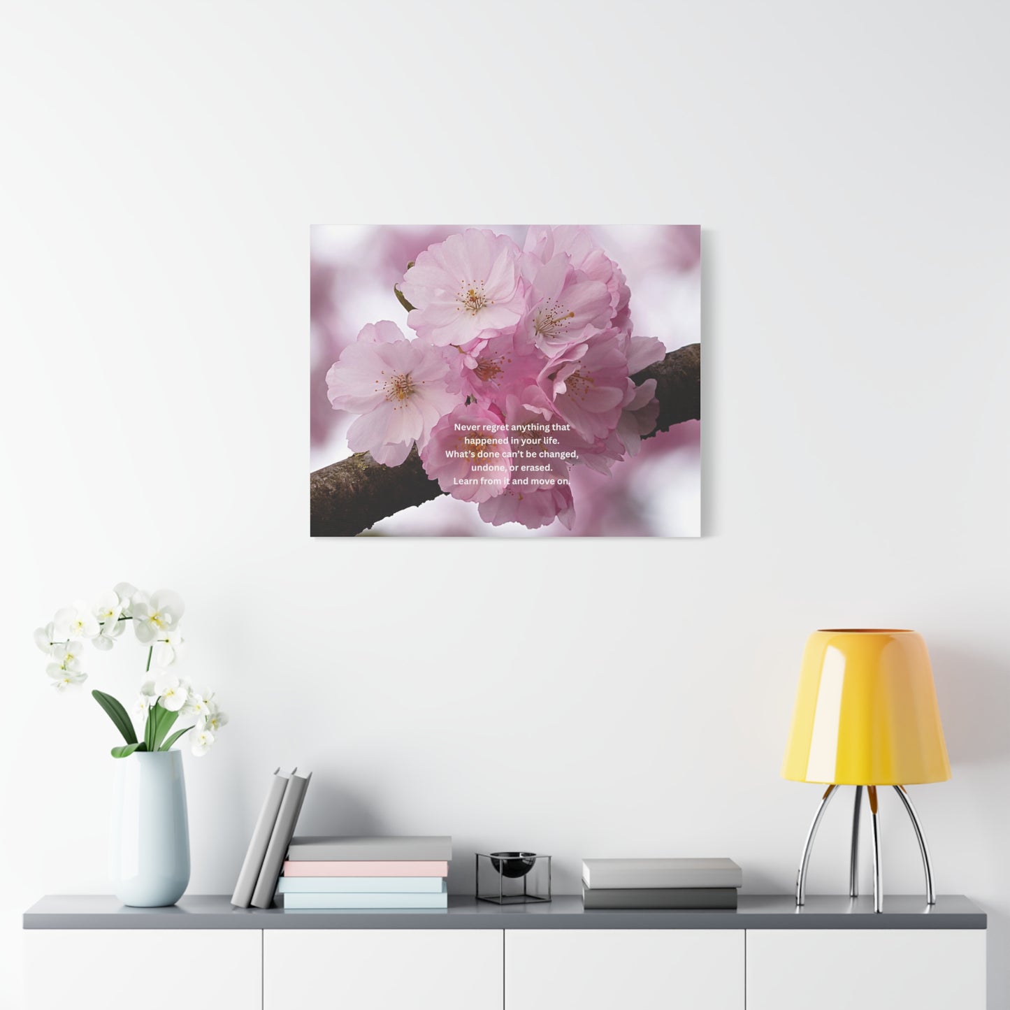 Cherry Blossom Canvas Wall Art with Inspirational Quote — "Never regret anything"
