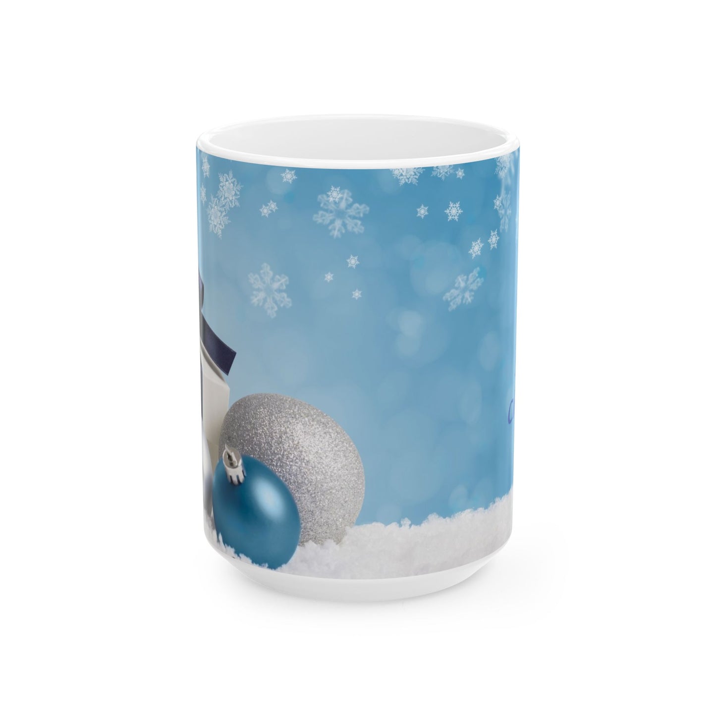 Holiday Snowman Ceramic Mug — Merry Christmas Blue Ornament Design (11oz, 15oz)
