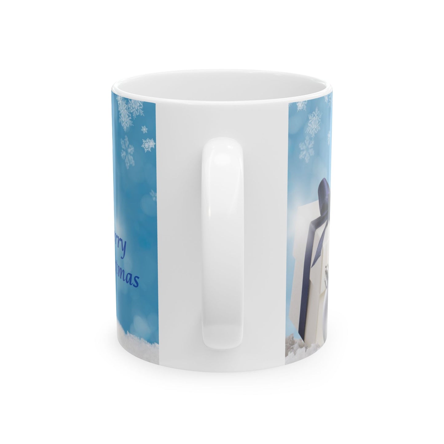 Holiday Snowman Ceramic Mug — Merry Christmas Blue Ornament Design (11oz, 15oz)