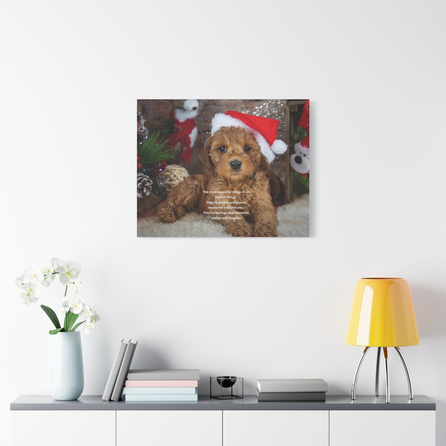 Christmas Puppy Canvas Wall Art — Holiday Dog Photo with Santa Hat & Inspirational Quote