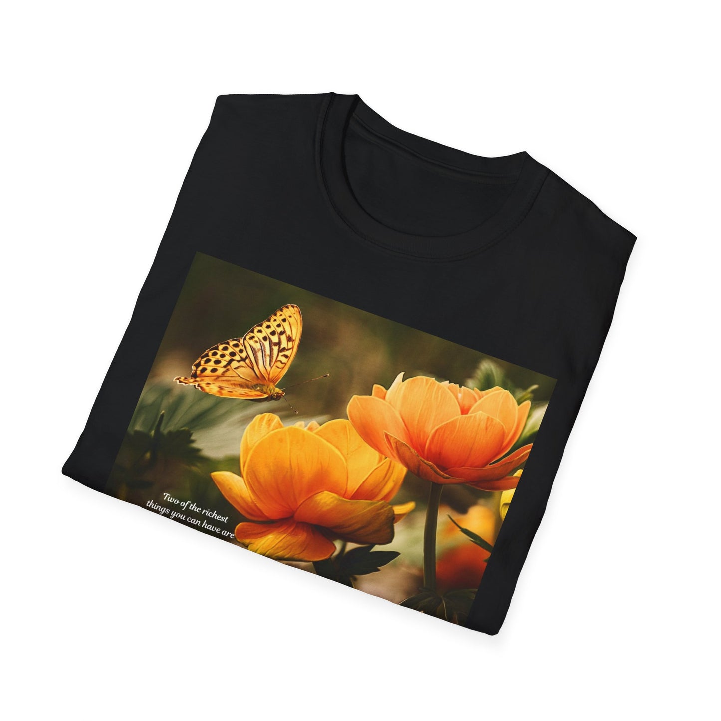Butterfly & Flower  Softstyle T-Shirt, Nature Tee, Gift for Nature Lovers, Floral Art Shirt, Casual Wear, Summer Top