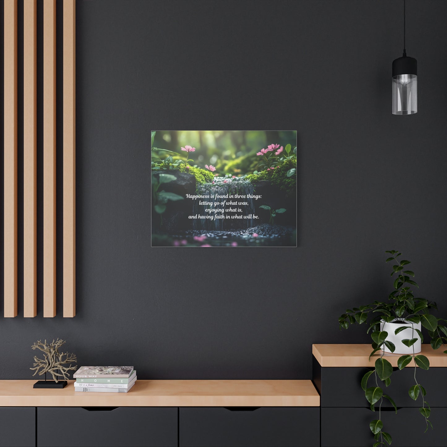 Inspirational Forest Quote Canvas - "Happiness is found in three things" Matte Stretched Wall Art