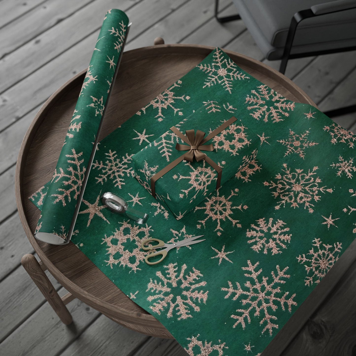 Green Snowflake Wrapping Paper Roll — Festive Holiday Gift Wrap