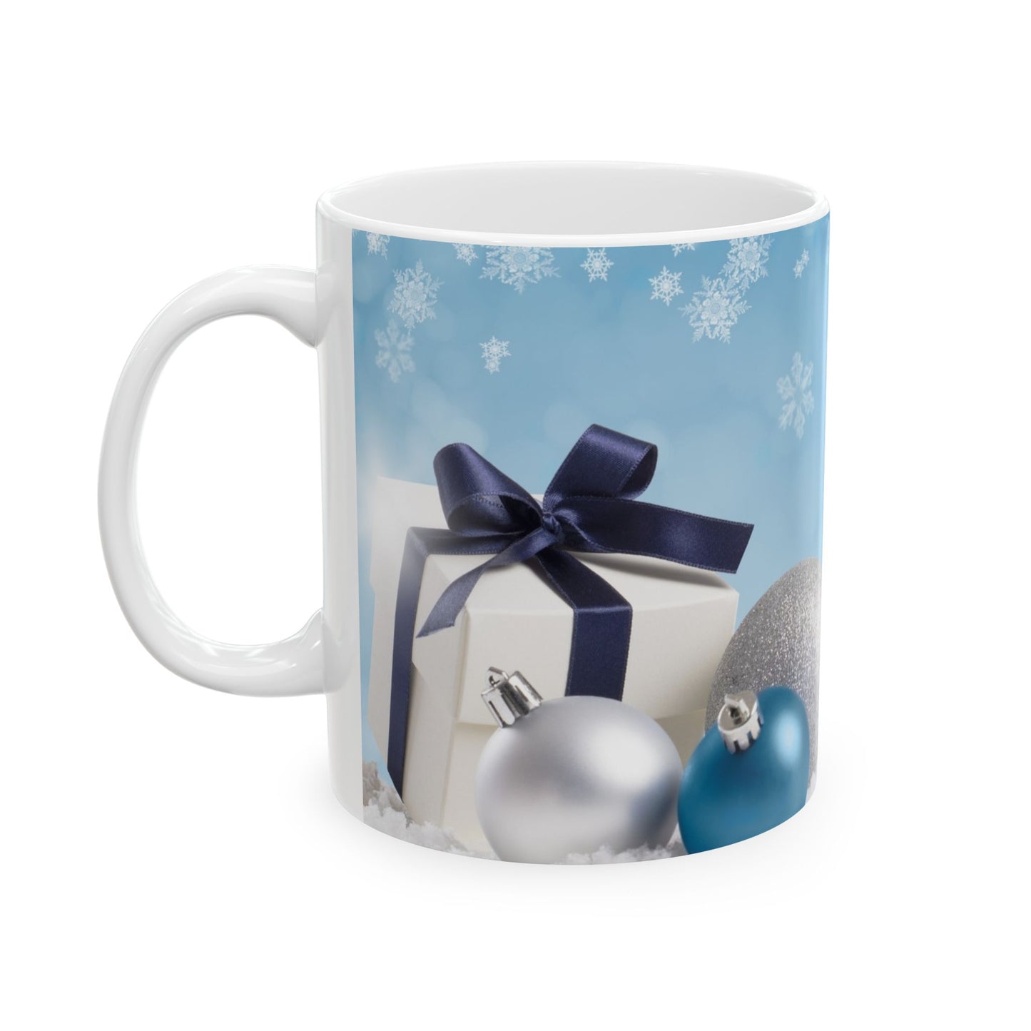 Holiday Snowman Ceramic Mug — Merry Christmas Blue Ornament Design (11oz, 15oz)