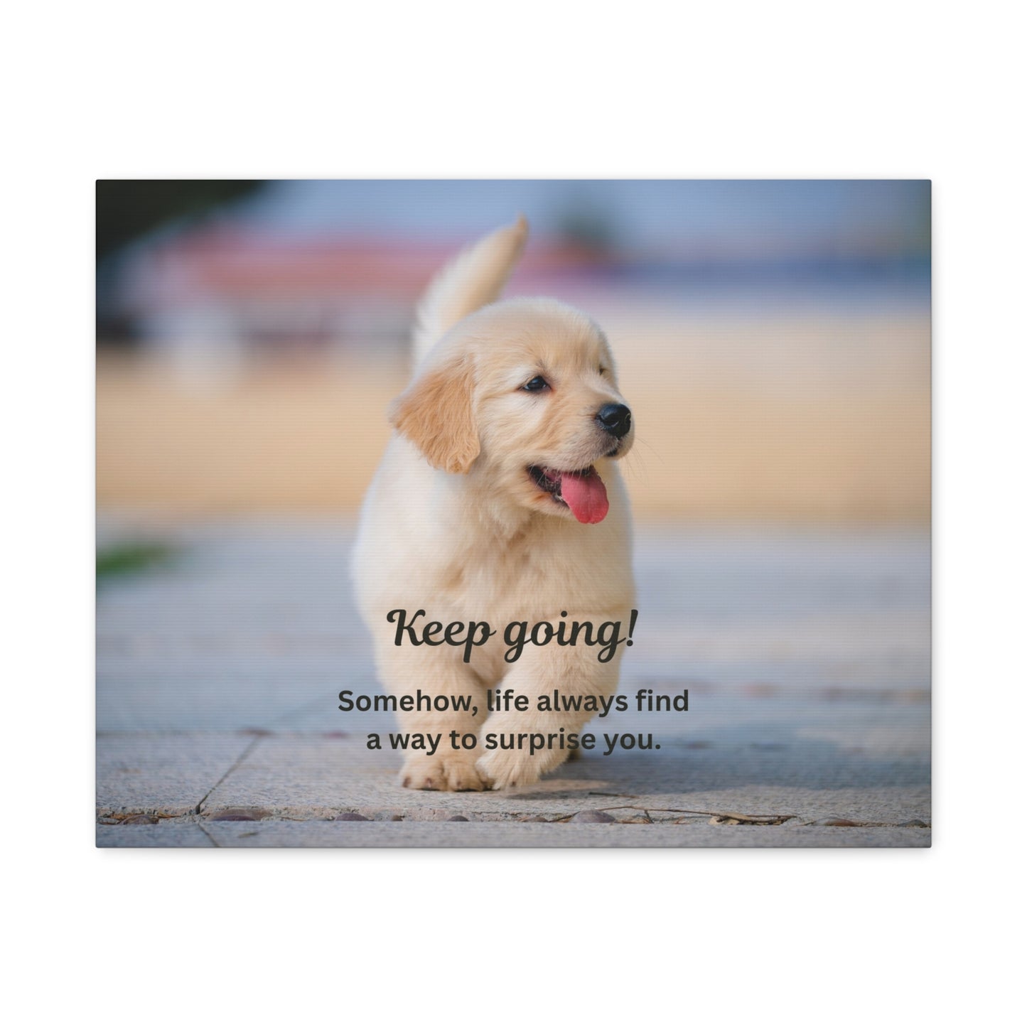 Motivational Puppy Canvas Print — "Keep going! Somehow, life always finds a way to surprise you."
