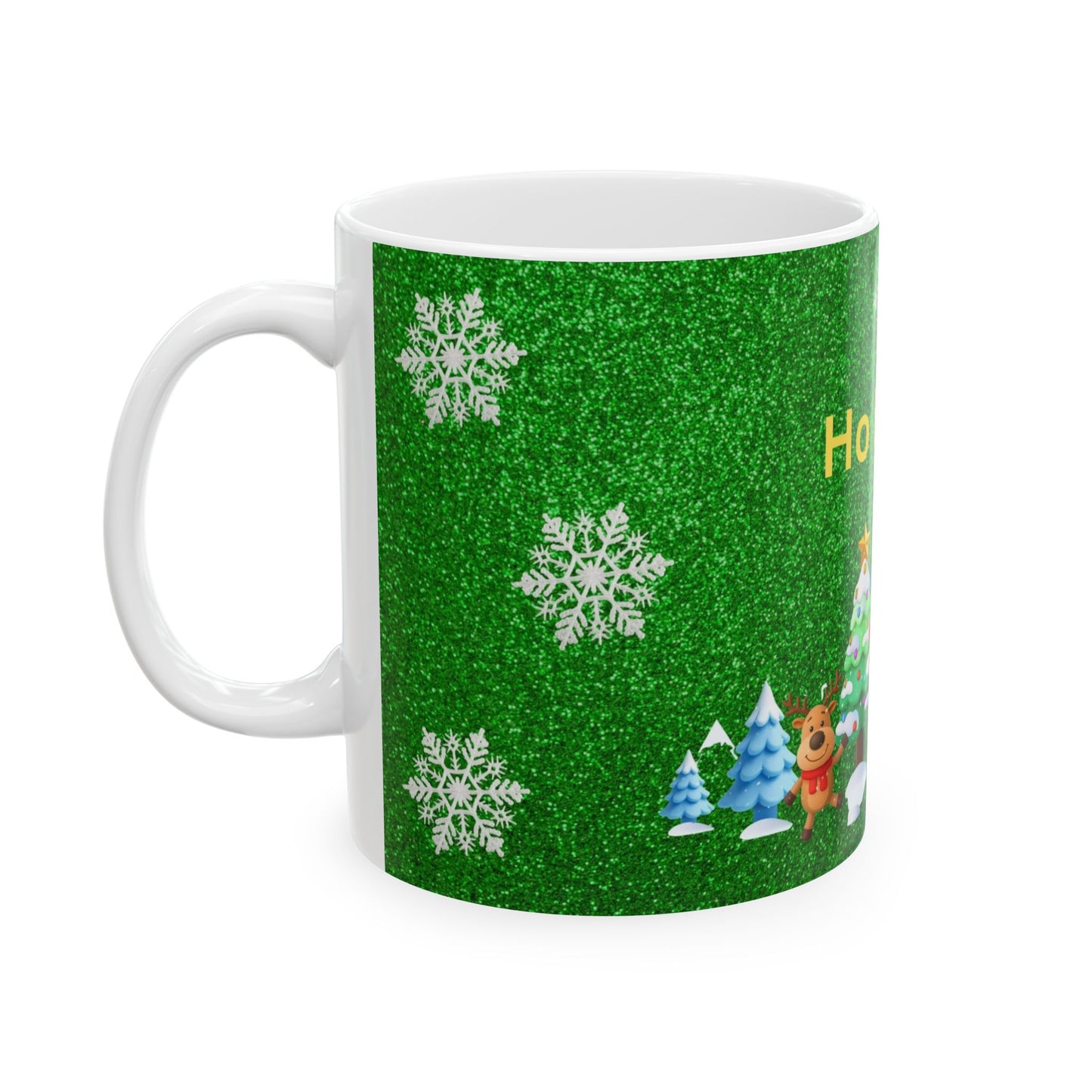 Holiday Ceramic Mug - 'Ho Ho Ho' Christmas Santa, Snowman & Tree Design (11oz/15oz)