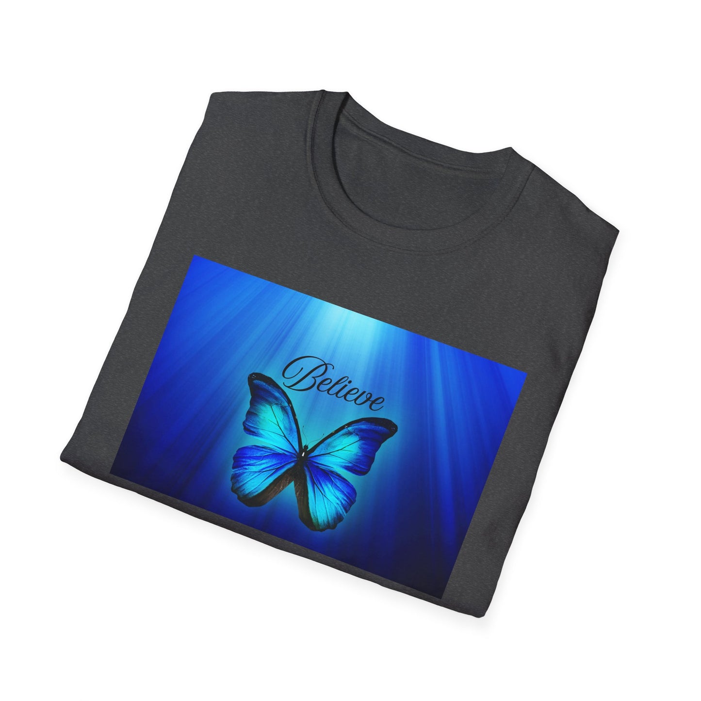 Believe Butterfly Softstyle T-Shirt, Inspirational Tee, Gift for Nature Lovers, Motivational Apparel, Summer Outfit, Colorful Shirt