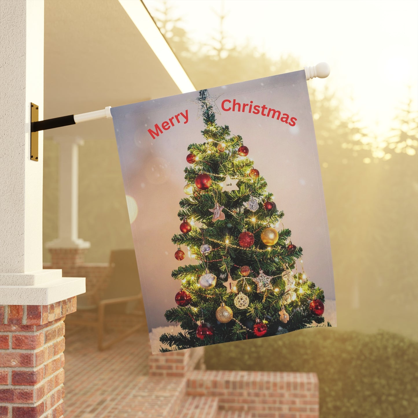 Merry Christmas Garden Flag — Holiday Outdoor Banner with Decorated Christmas Tree