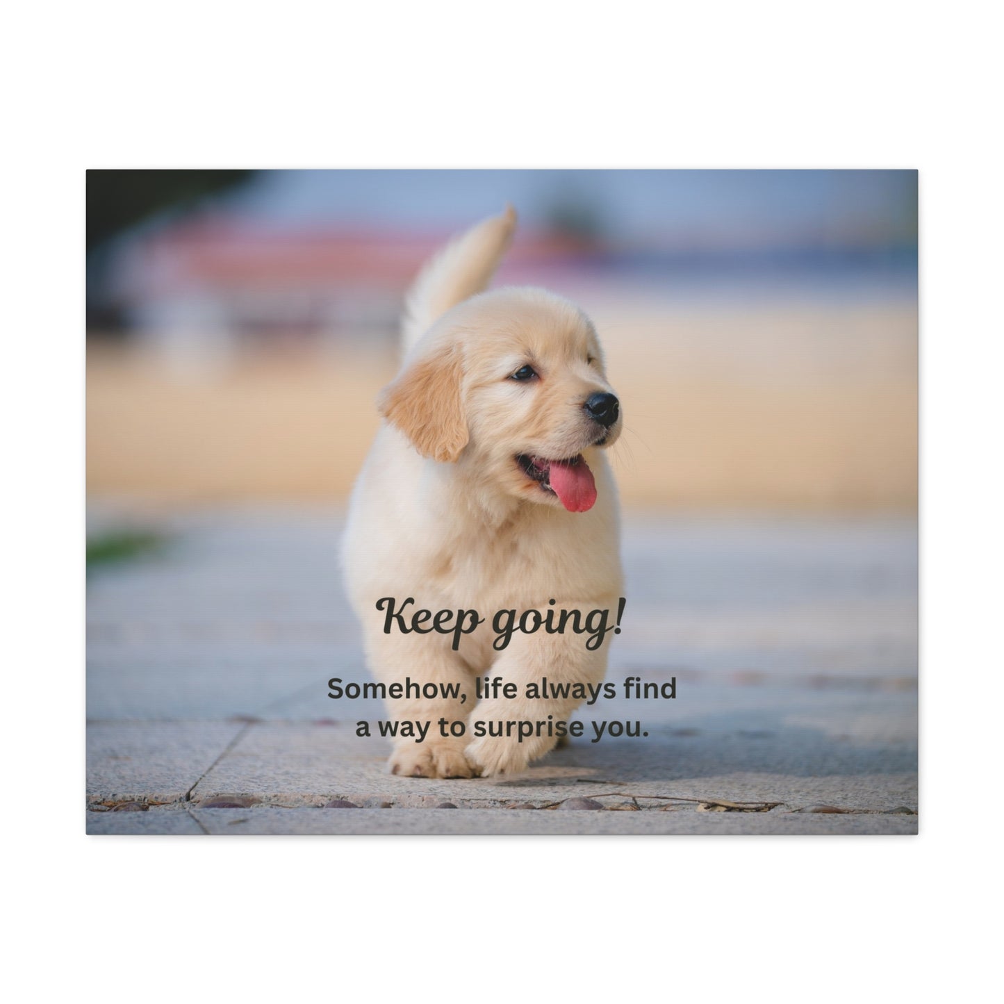 Motivational Puppy Canvas Print — "Keep going! Somehow, life always finds a way to surprise you."
