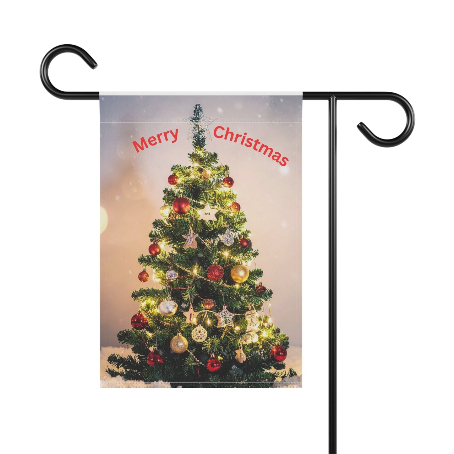 Merry Christmas Garden Flag — Holiday Outdoor Banner with Decorated Christmas Tree