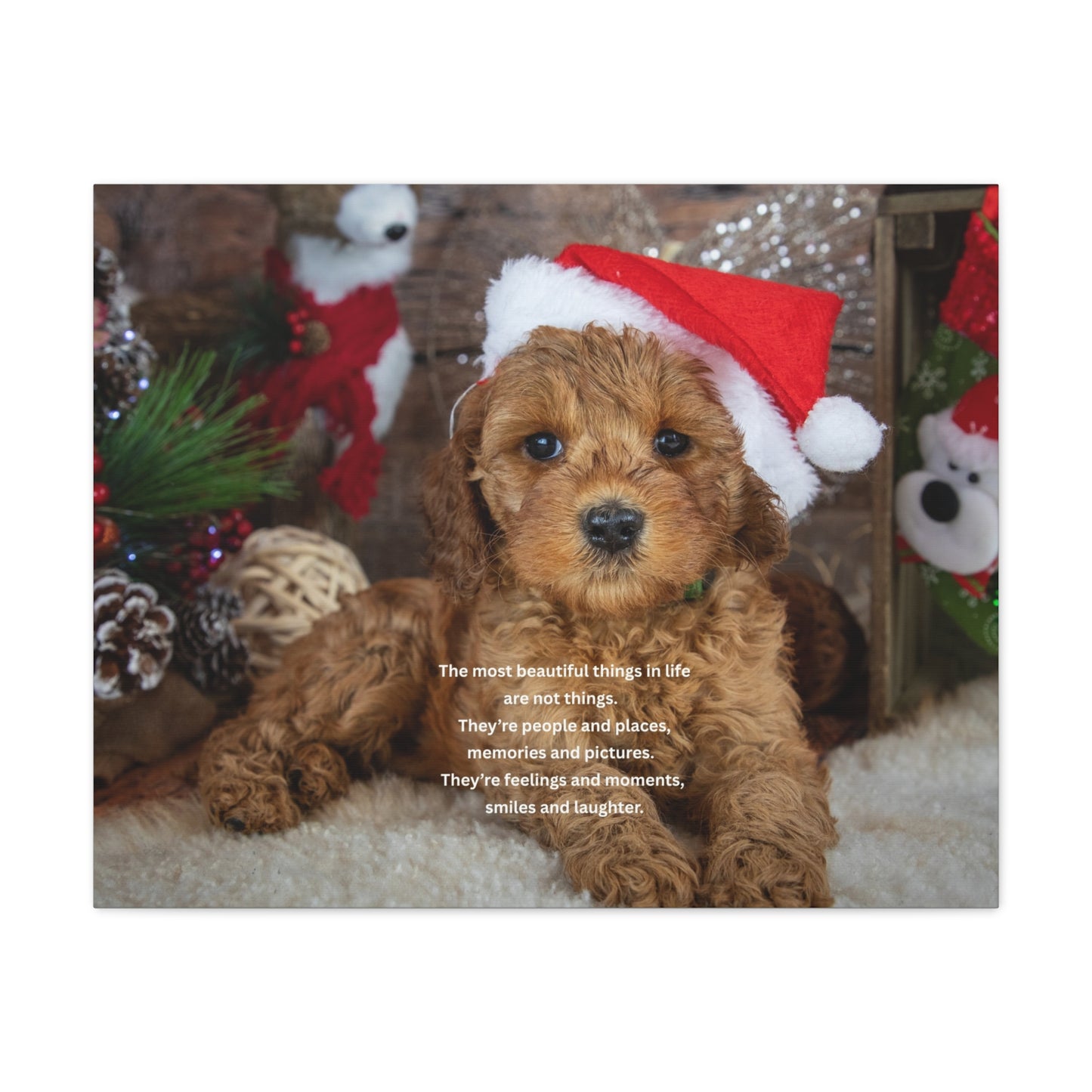 Christmas Puppy Canvas Wall Art — Holiday Dog Photo with Santa Hat & Inspirational Quote