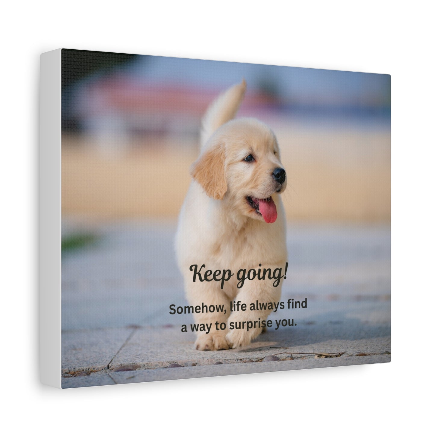 Motivational Puppy Canvas Print — "Keep going! Somehow, life always finds a way to surprise you."