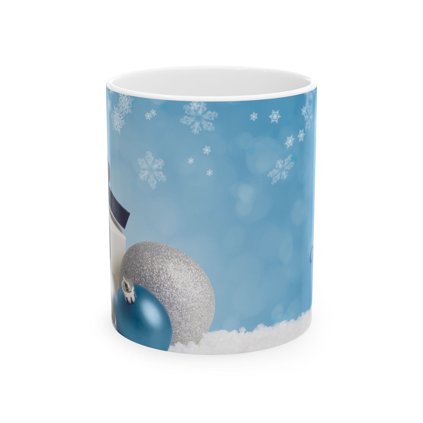 Holiday Snowman Ceramic Mug — Merry Christmas Blue Ornament Design (11oz, 15oz)